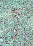 GPSで捉えた軌跡と源流部の位置 国土地理院25,000地形図とカシミール3Dから作成 衛星の捕捉状況が良好ではありませんでした。